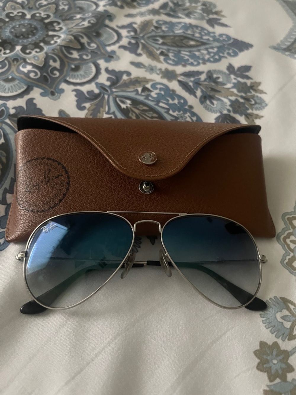 Ray-Ban Silver Frame Sunglasses with Blue Gradient Lenses and Brown Case